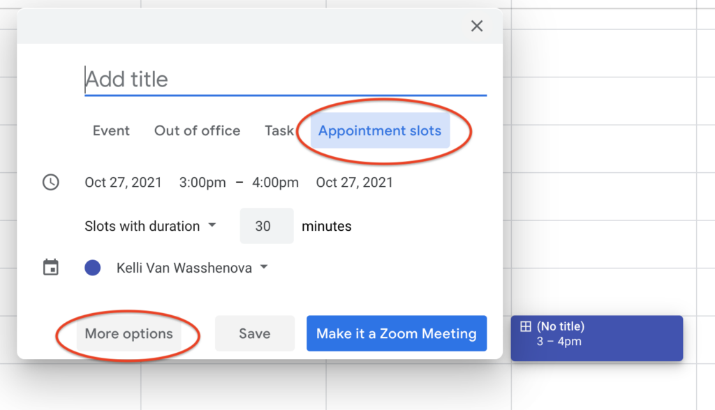 View of the Google Appointment Slots event selecter